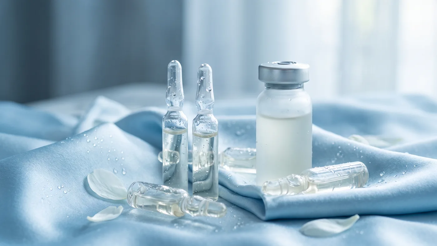 Buz mavisi saten üzerinde cam ampuller ve serum şişesi